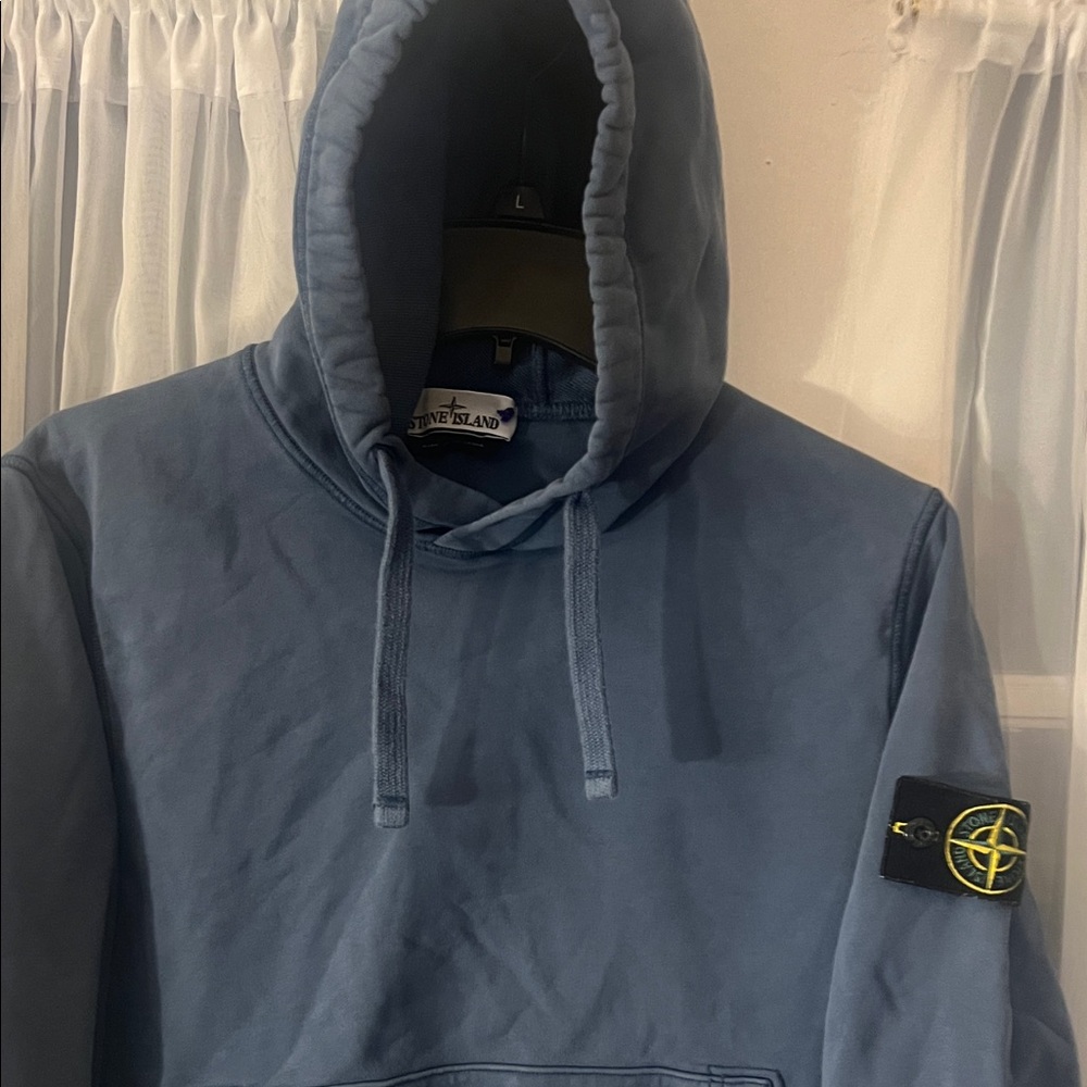 Stone Island Blue Cotton Pullover Hoodie with Logo Patch On sleeve Men’s Medium - Picture 2 of 14